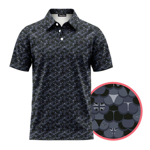 Black patterned polo shirt with a close-up inset on a white background