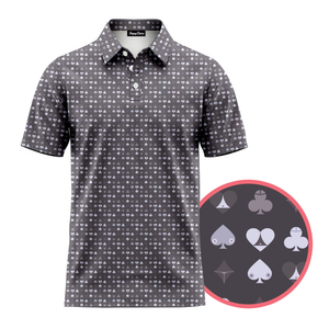 Gray polo shirt with card suit pattern on a white background