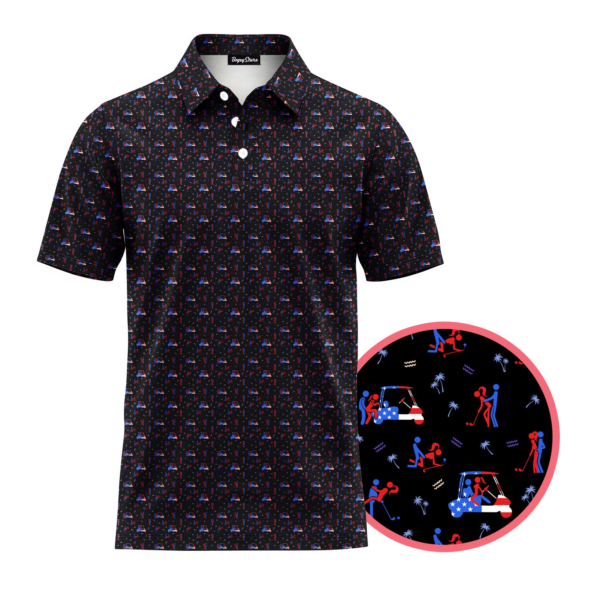Black polo shirt with colorful pattern on a white background