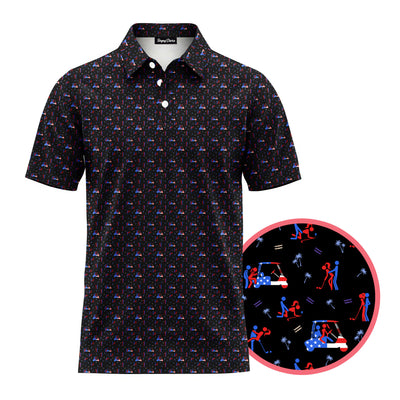 Black polo shirt with colorful pattern on a white background