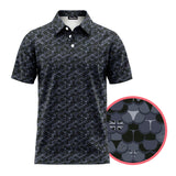 Black patterned polo shirt with a close-up inset on a white background