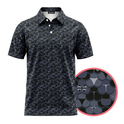 Black patterned polo shirt with a close-up inset on a white background