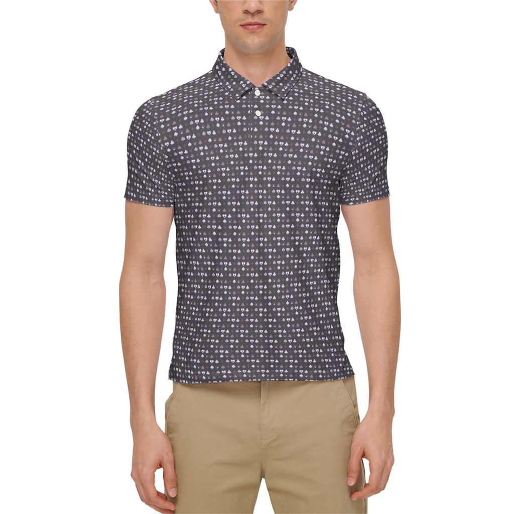 Man wearing a patterned short-sleeve shirt on a white background